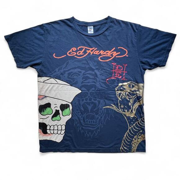 Ed Hardy Other - Ed Hardy Christian Audigier Skull Cobra Foil AOP T Shirt Y2K Streetwear Hype L